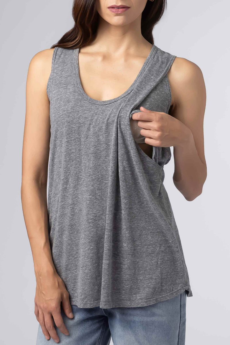 flowy nursing tank top side access relaxed fit on mom model heather gray cotton triblend showing the breastfeeding friendly access in front chest covered