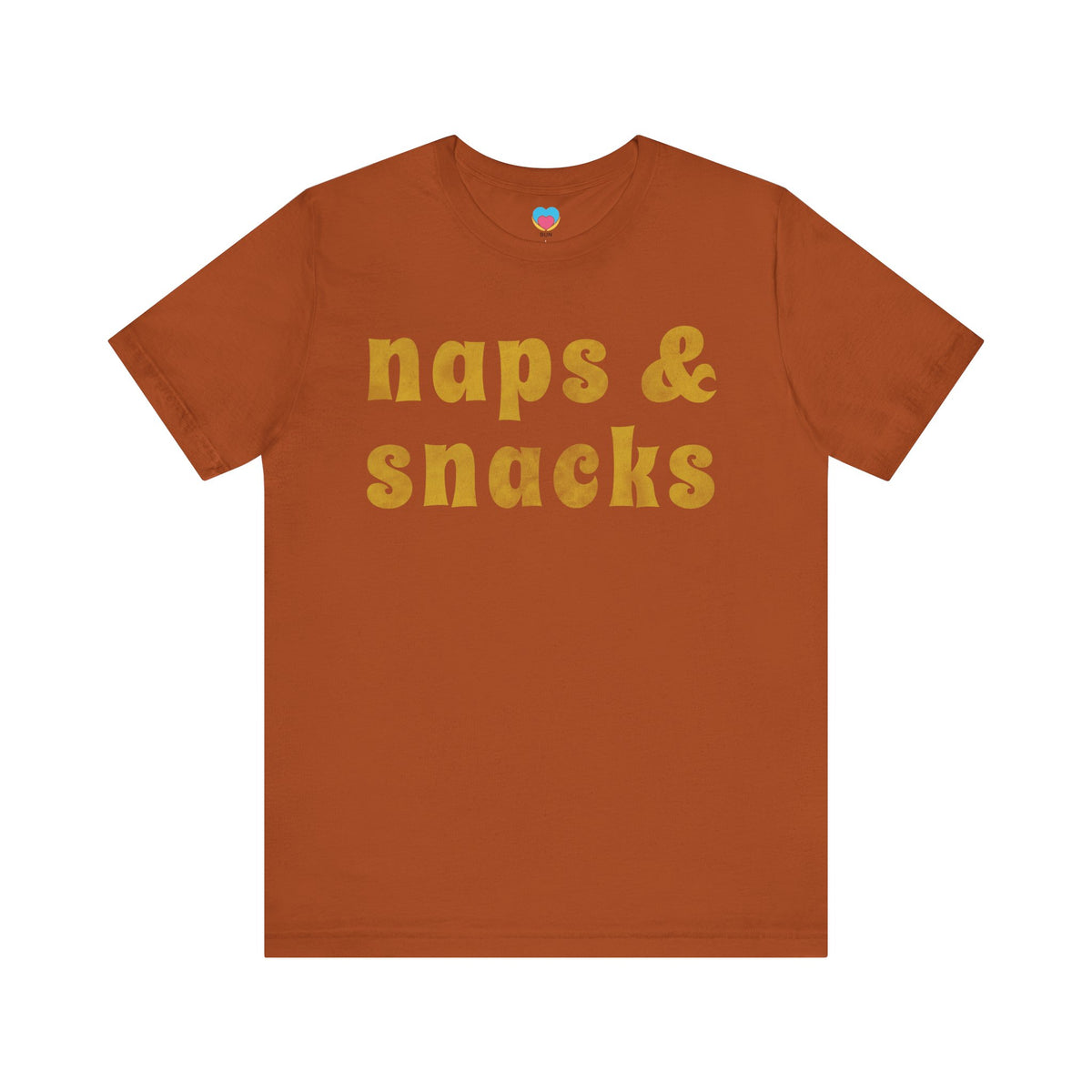 naps and snacks tee shirt autumn color on clothes hanger