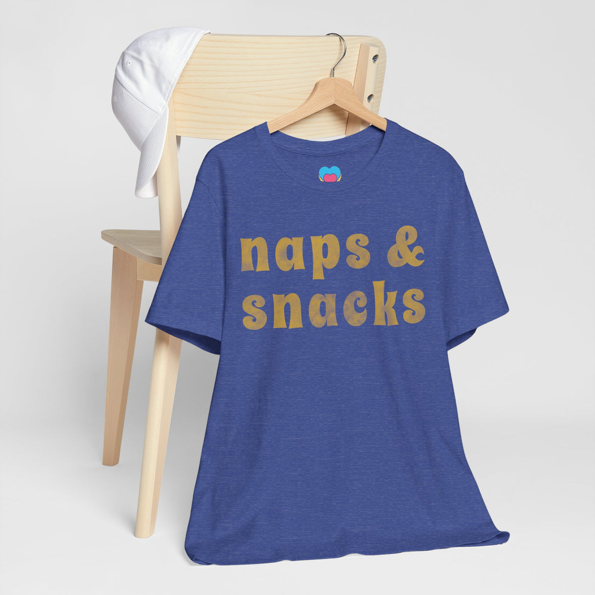 naps and snacks tee shirt blue color on clothes hanger