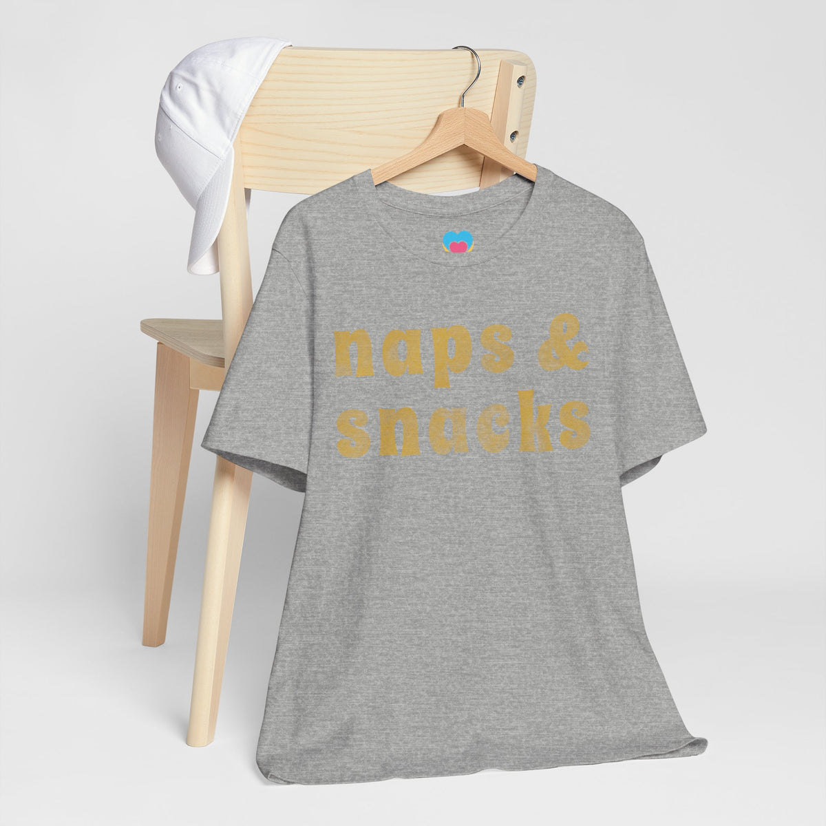 naps and snacks tee shirt heather gray color on clothes hanger