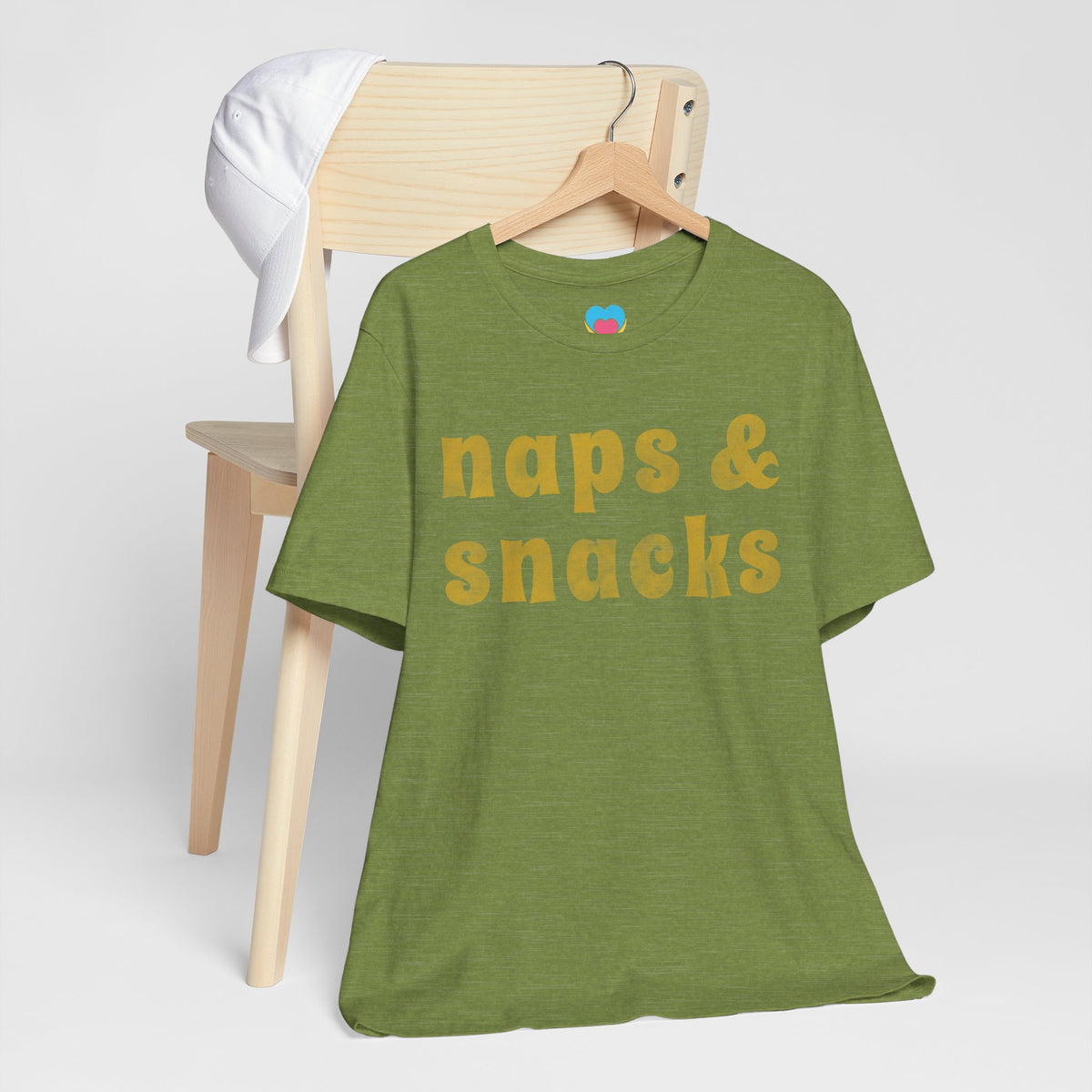 naps and snacks tee shirt heather olive green color on clothes hanger