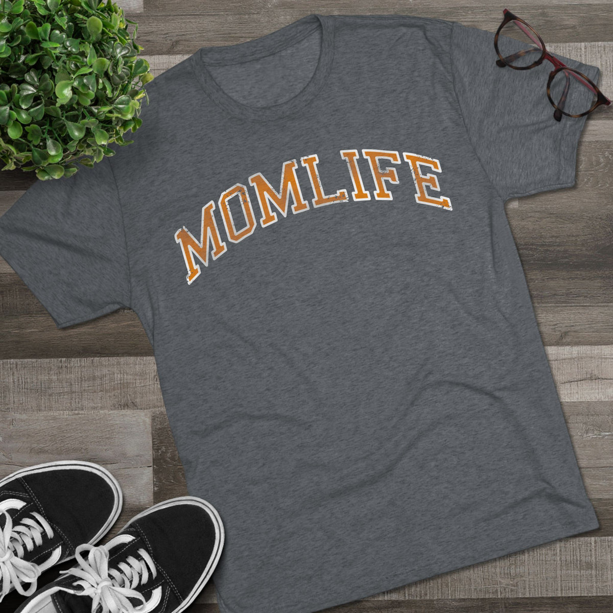 MOMLIFE ORANGE and WHITE Football Mom Shirt Bun Maternity mom graphic tee shirt flat view