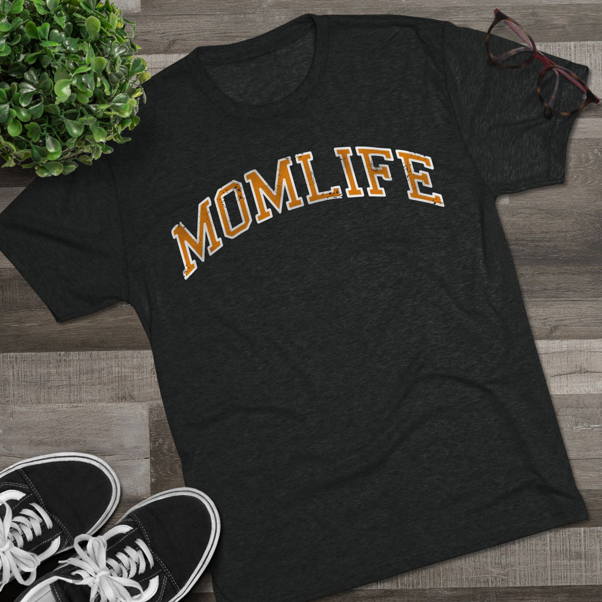 momlife tee shirt black and printed in orange and white