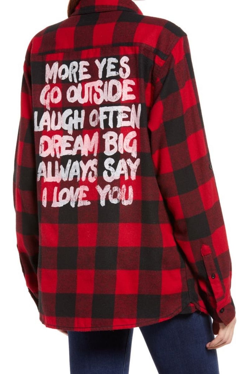red and black checker womens flannel shirt with inspiring mom quote print on back